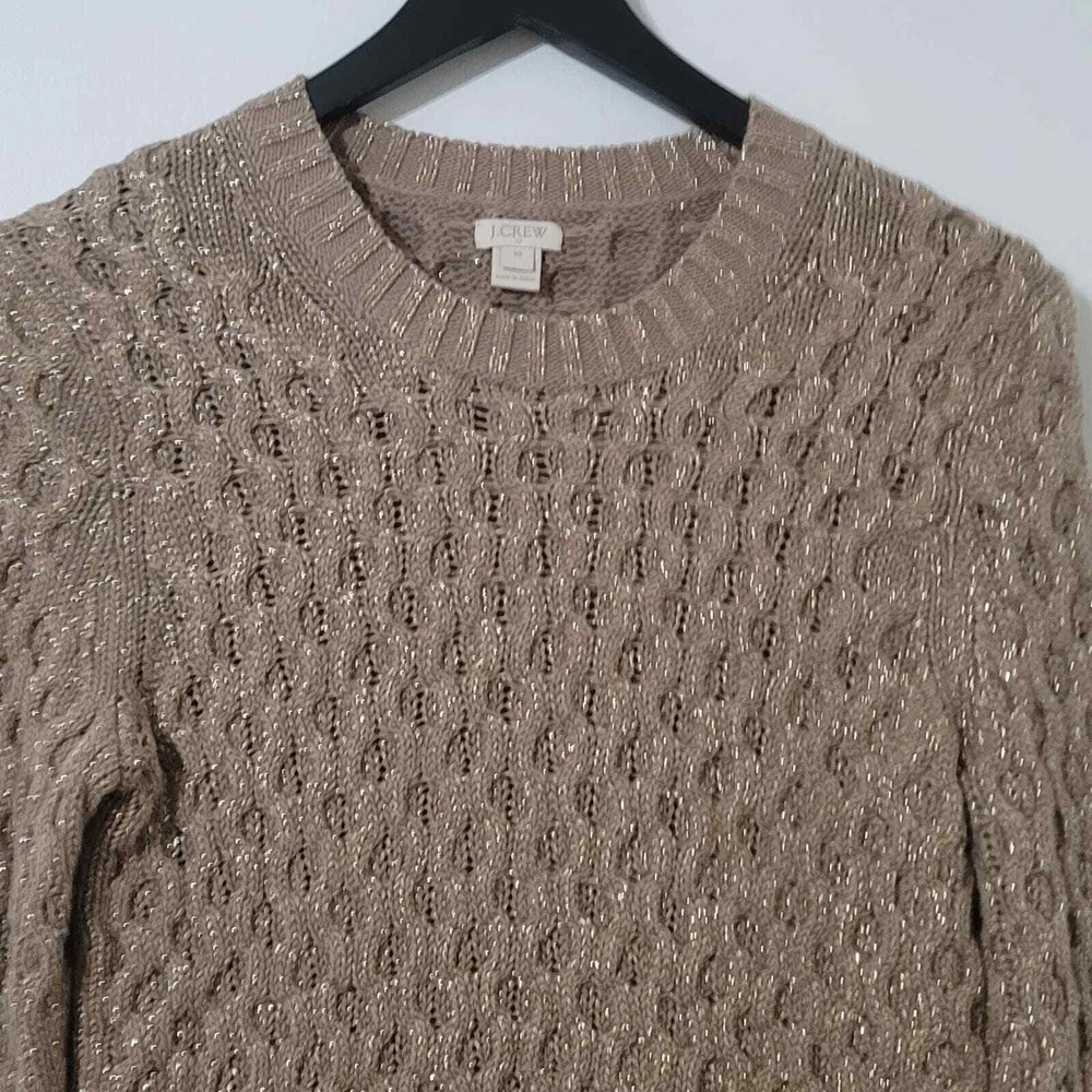 J. Crew Sweater Size XS Honeycomb Metallic Cable Knit Pullover Tan Crew Neck